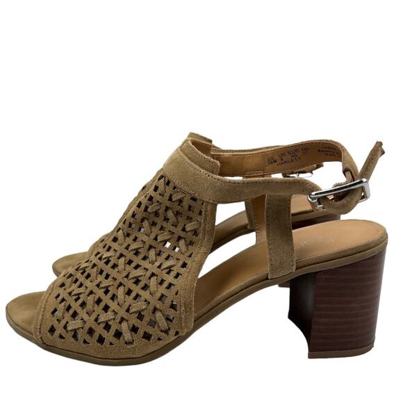 Franco Sarto Harlet 3 Block Heel Peep Toe Sandal sz 10 Suede Leather Taupe Beige - Picture 1 of 10